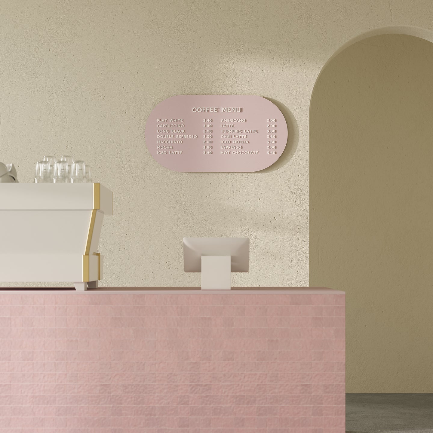 pink curve menu display installed horizontally behind a cafe coffee bar