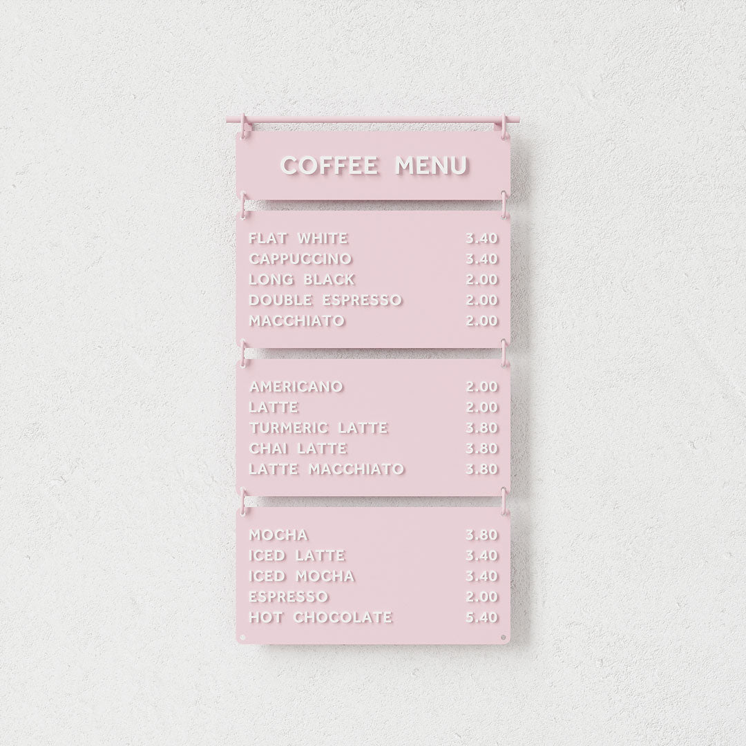 pink hanging cafe menu