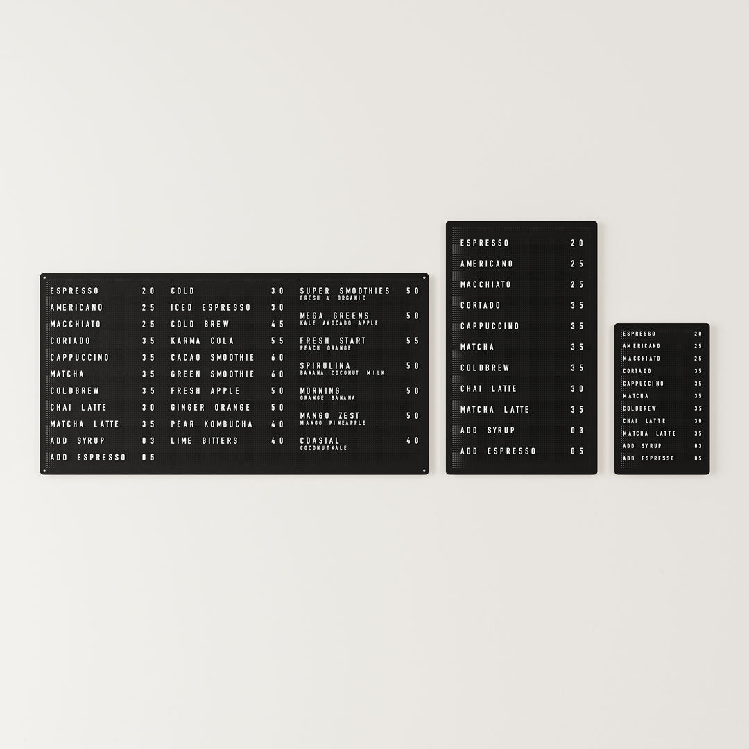 three different sizes of peg letter board in black showcasing dimensions