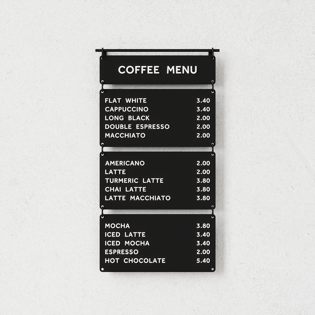 Hanging cafe menu, letter board, menu display