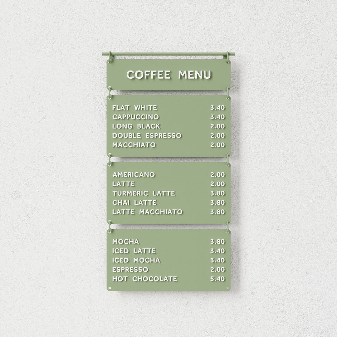 Hanging cafe menu, letter board, menu display