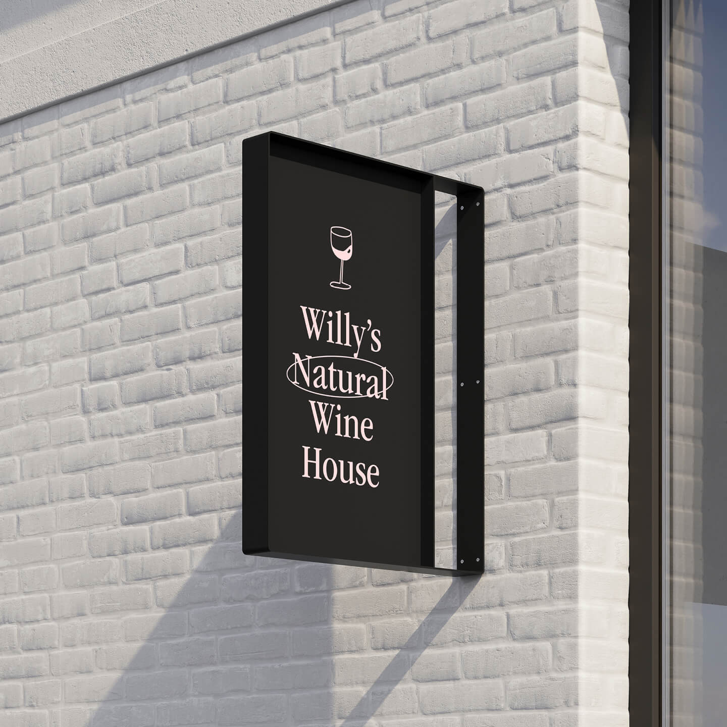 black vertical panel blade sign installed on brick facade with coffee logo branding
