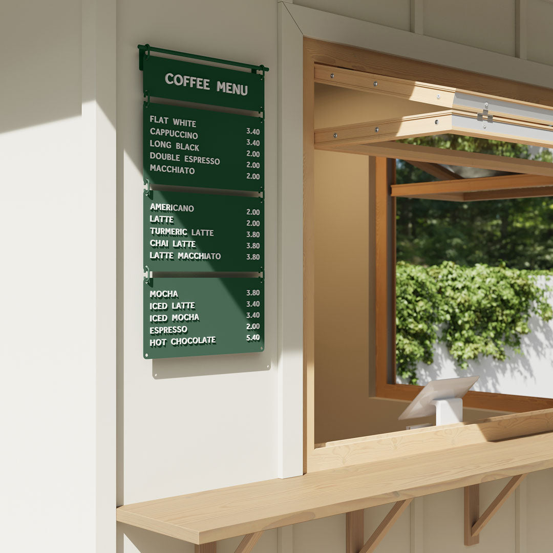 Hanging cafe menu, letter board, menu display