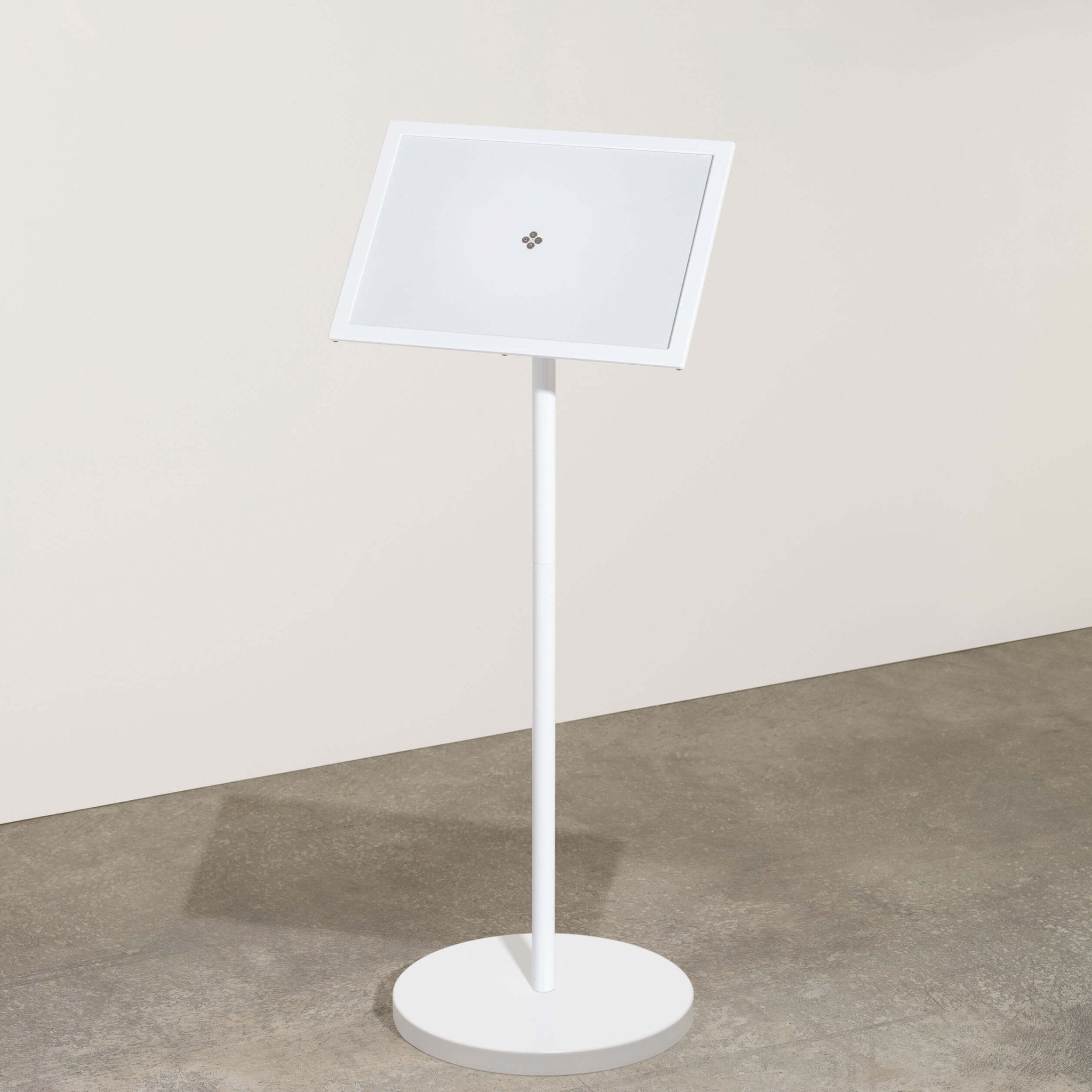 white menu stand with menu displayed horizontally inside studio