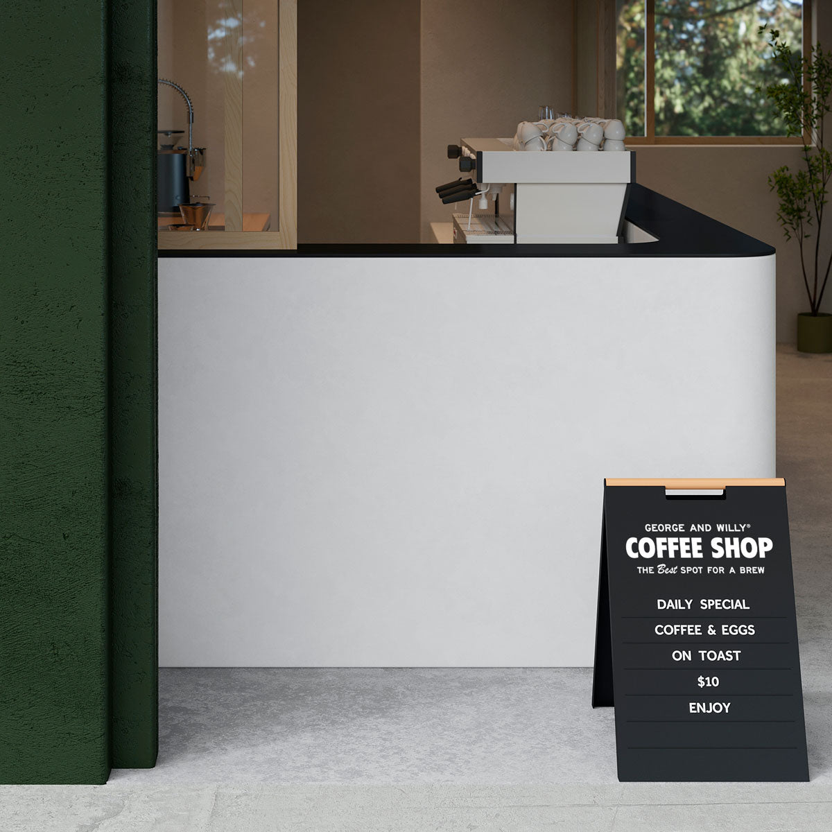 black magnetic letter sidewalk sign with white magnet letters in a message outside a coffee countertop