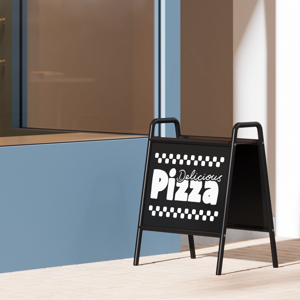 black storefront a-frame sandwich board shelf sign with pizza logo branding applied