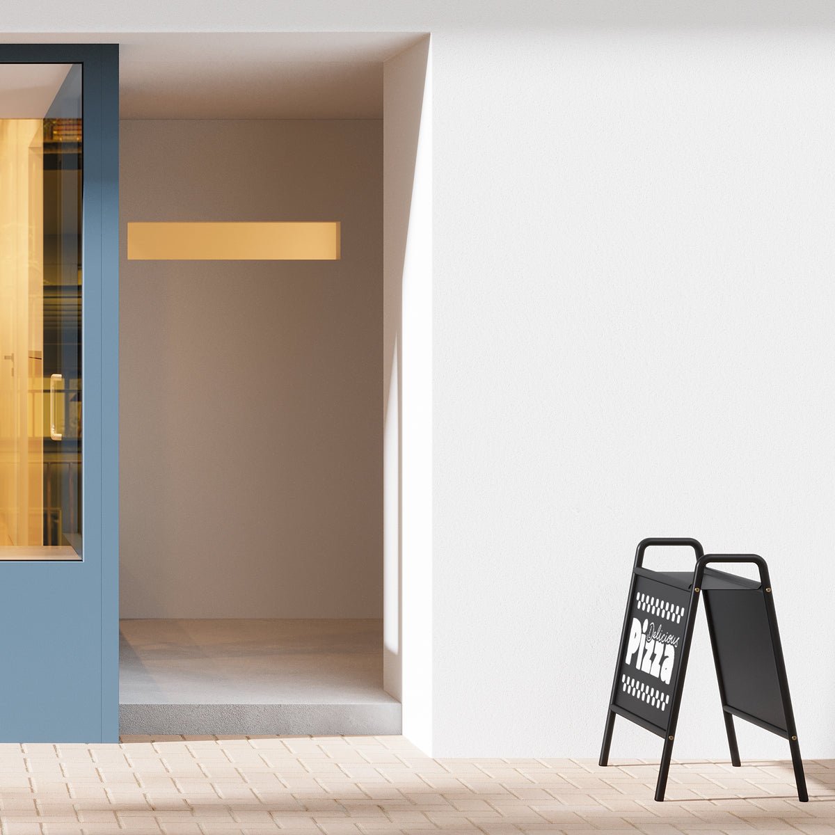 side shot of metal storefront a-frame sandwich board shelf sign with pizza logo branding applied