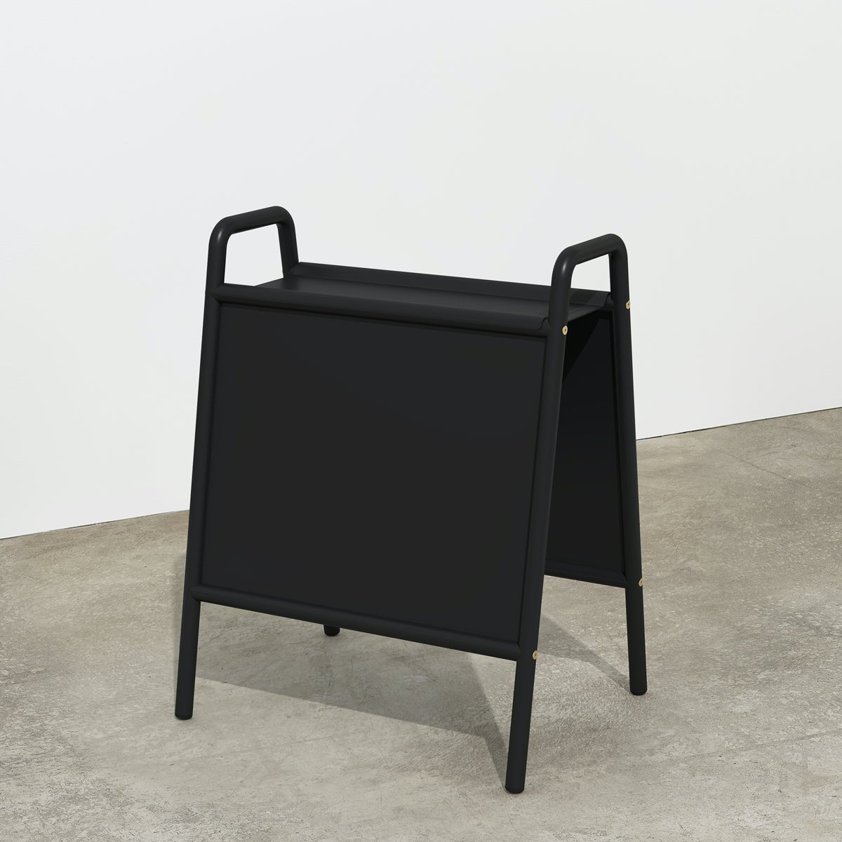 black storefront a-frame sandwich board shelf sign with no branding in studio